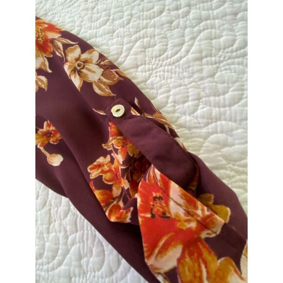 Daniel Rainn Split Neck Blouse Burgundy/Orange Floral Roll Tab Sleeve​ Size PXS - Picture 9 of 14